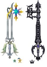 The keyblades Oath Keeper and Oblivion side by side.