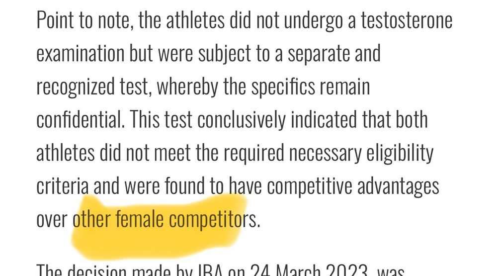 The IBA saying, in writing, that Imane Khalif is a female competitor.