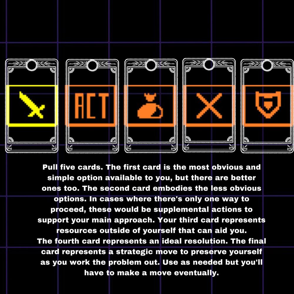 A tarot spread using Deltarune’s combat menu: Fight, Act, Item, Spare, and Defend