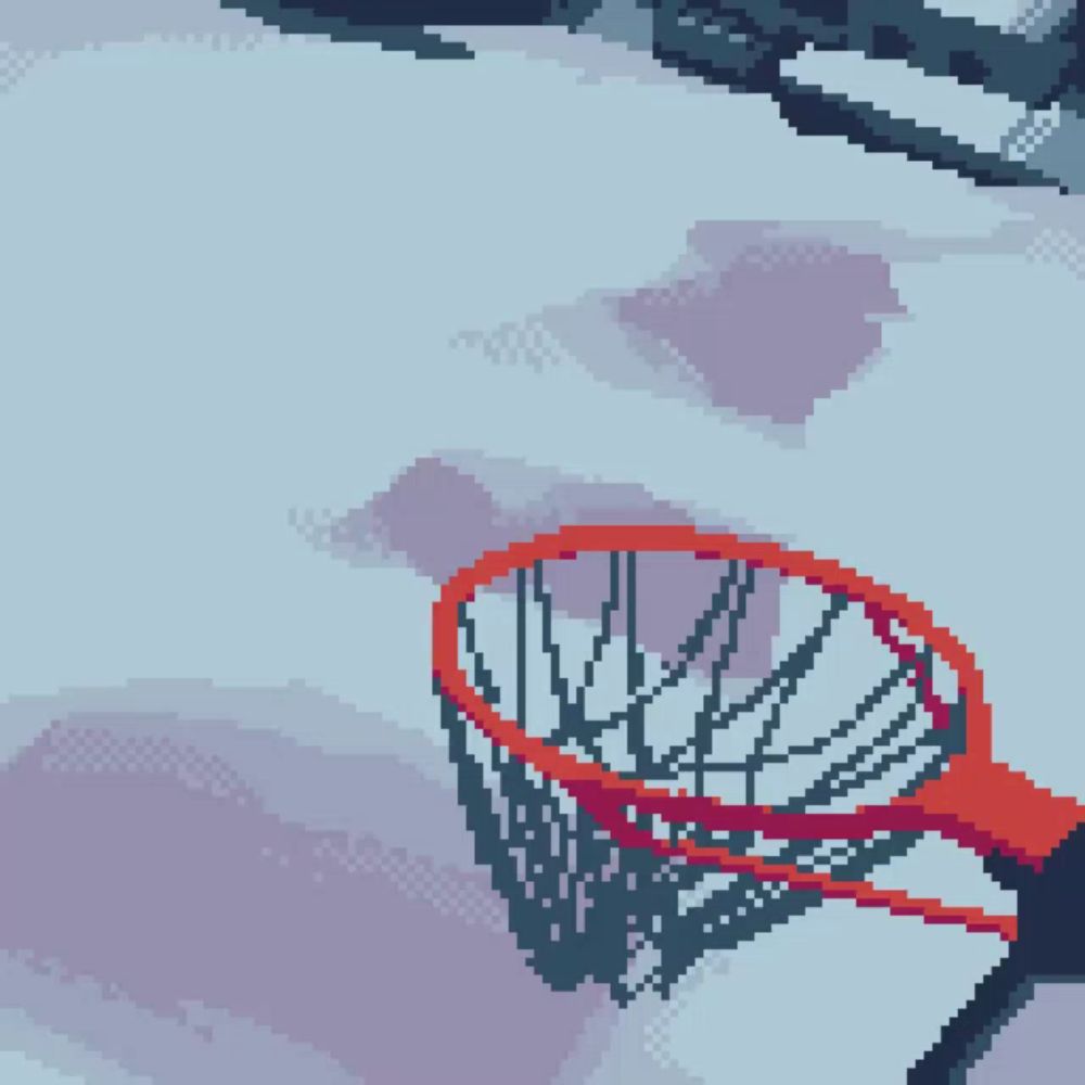 a pixel art drawing of a person holding a basketball hoop