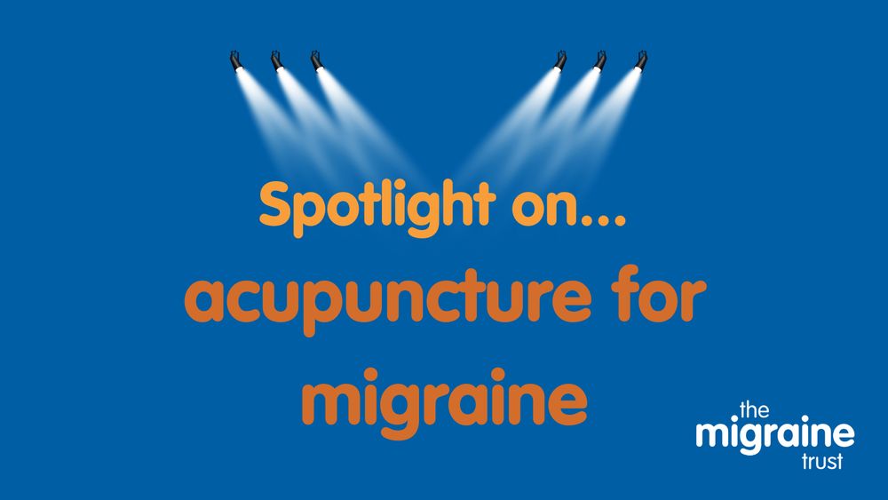 Spotlight illustrations highlight the words ‘spotlight on… acupuncture for migraine’, written in orange text on a dark blue background.