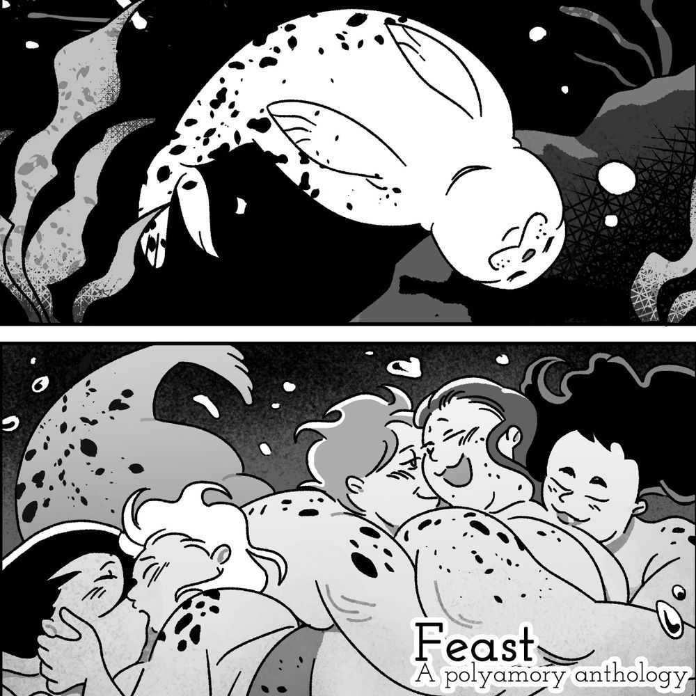 a seal swims in the ocean then transforms into a selkie, surrounded by loving partners who hug and kiss each other