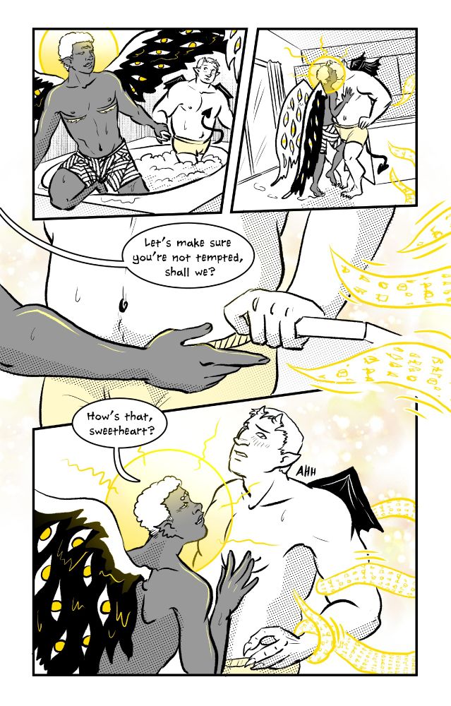 An angel touches the chest of a demon while glowing tentacles wrap around the demon's wrist