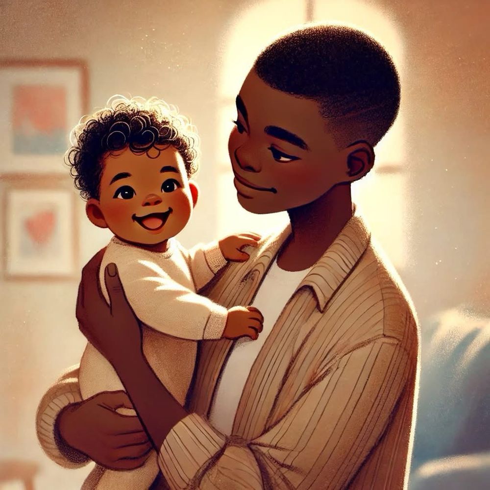 Cartoon picture of a parent looking at a smiling baby in their arms.