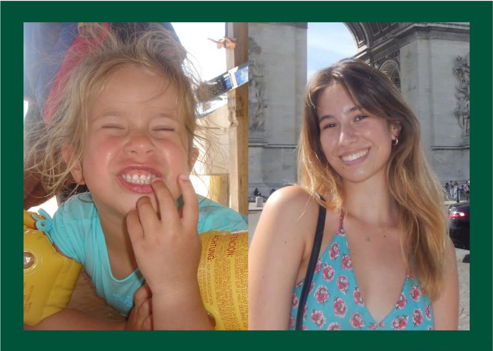 Smiling child photo next to smiling woman photo
