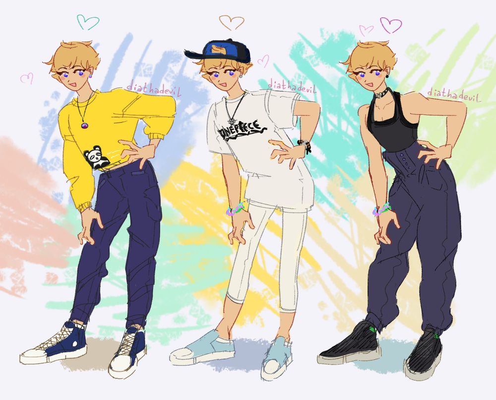 Doodle of Arashi Narukami in the same pose three times. First wearing a yellow sweatshirt with a panda print, navy cargo jeans and blue converse. Second is a white oversized One Piece shirt, a blue and black cap, white leggings and shorts and light blue flat sneakers. Third one is a low cut sleeveless neckline black crop top with a black choker necklace, waist-high oversized summer pants and black converses.