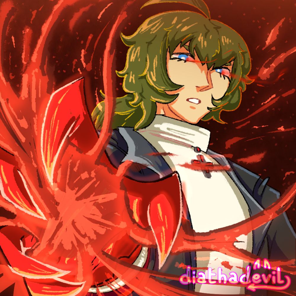 Bust of a Blood Blockade Battlefront OC, with pale skin, blue eyes, and dark olive green hair tied to a lower ponytail. They are wearing a turtleneck shirt with a dark jacket and a cross across their neck and hanging on their collar. She is holding out her right arm which is coated in her Blood as it transforms into a claw-shaped weapon, with blood overflowing from across the hand onto the background. Their eyes are reflecting red as well.
The background is a dark maroon red tone that gets darker in gradient at the lower side of the canvas.