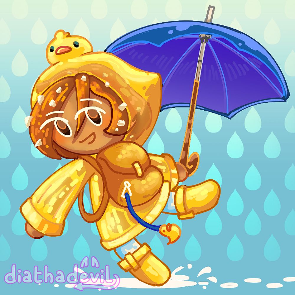 Full body of a Cookie Run OC, she is a tan cookie with caramel-coated hair and salt flakes across it and caramel brown eyes with white lashes and eyebrows. She is wearing a full duck coat dress with white leggings and yellow rain boots, and a tan yellow backpack covered with a blue strap and a yellow duck keychain at the end. on her right hand she is holding her umbrella with a wooden handle and blueberry colored panel. She is running past and has her back shown to us, watching from behind her and smiling.
The background is a gradient of bright white and blue from top to bottom, covered in droplet patterns and a white puddle and trail underneath her feet.