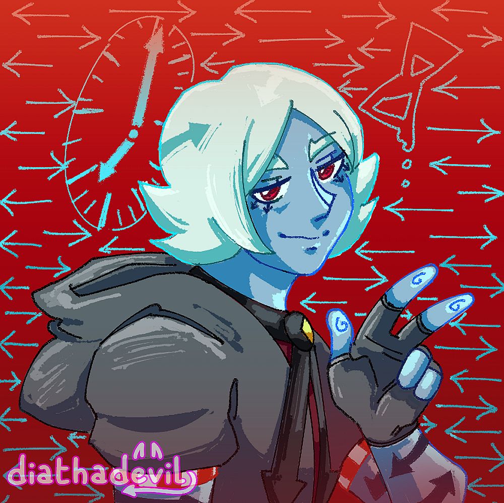 Bust drawing of a blue-skinned, red eyed, and ear-length white haired character whose hair is covering their ears. They are tattooed across with pointed arrows, and the irises in their red eyes and eyelashes are also pointed arrows. They are wearing a grey hoodie with a red shirt and a clock-like collar with pointed arrows across their chest. They smile as their left hand is raised near their hand, making a peace sign.

The background is a pattern of light blue arrows, a clock, and a sand hourglass melting, as the color gradient from top to bottom goes from orange red to a maroon red.