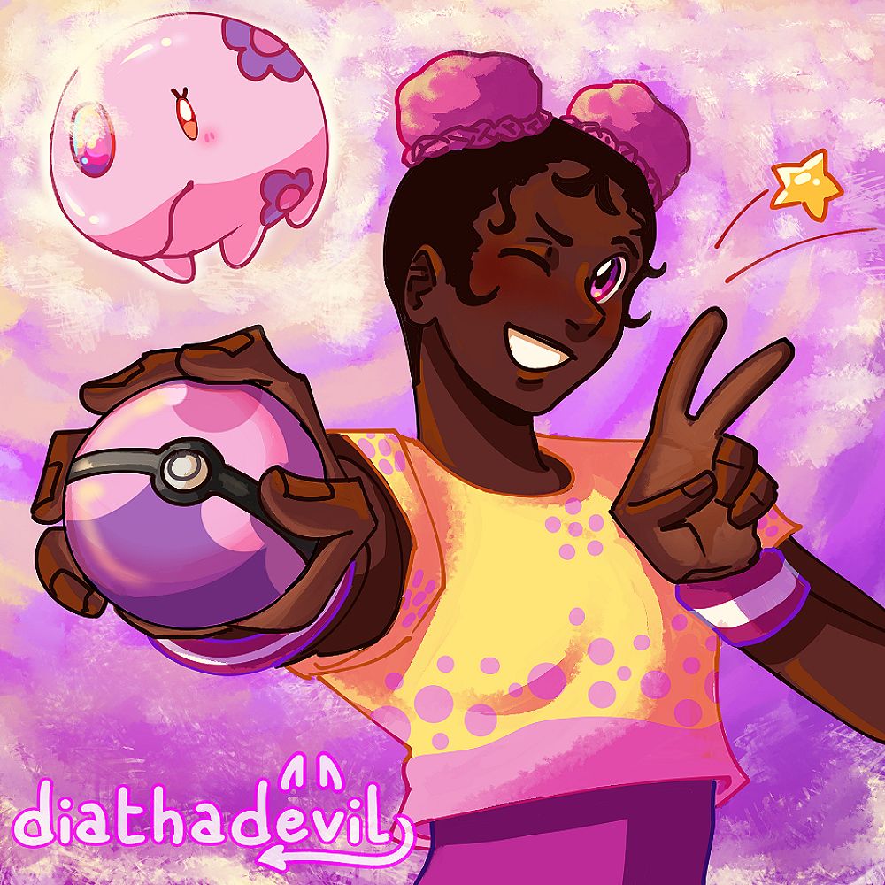 Half body art of a young black Pokémon trainer with pink and dark brown hair and magenta eyes, with her hair stylized to form two pink twin buns and baby hairs across her forehead and cheeks. She is wearing a sporty magenta shirt with another crop top yellow and pink spotted shirt on top. She is holding out a Dream Pokéball with Munna floating behind her, and her other hand is next to her face doing a peace sign as she has one eye closed and smiling.
The background is a mist of magenta and Munna's dream mist.
