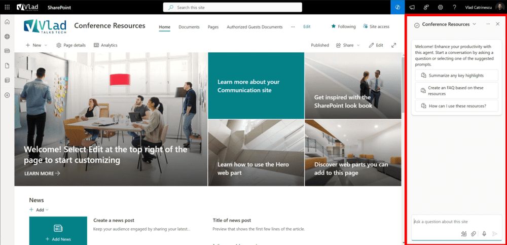 A screenshot of a SharePoint Online page with a Copilot agent showing on the right side.