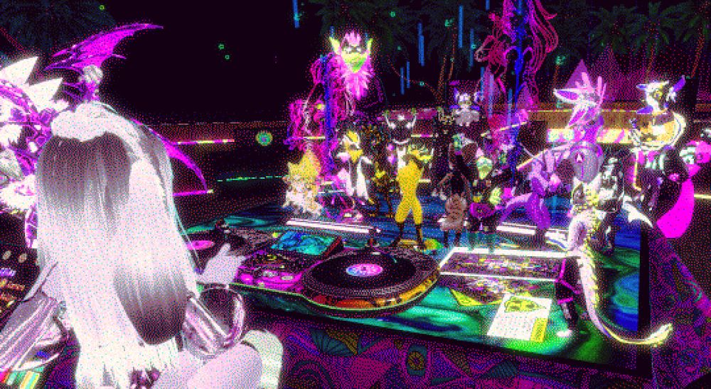 VR Chat screenshot. Ru performing at the booth for ravers who have shrunken down and dance on the center table.