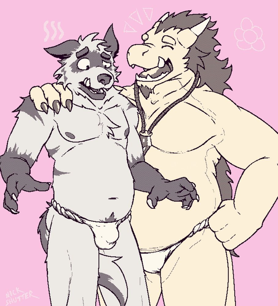 Illustration of two characters from the visual novel Password: Dave Halloway, an anthropomorphic hyena, and Orlando Noble, an anthropomorphic dragon. Both only wear fundoshi, Orlando having successfully convinced Dave to give them a shot. Orlando laughs and has his arm around Dave's shoulder. Dave seems uncertain about the experience.