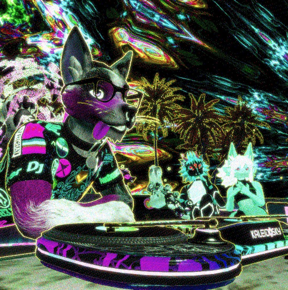 VR Chat screenshot. MeOwOgai at the booth, with ravers in the background.