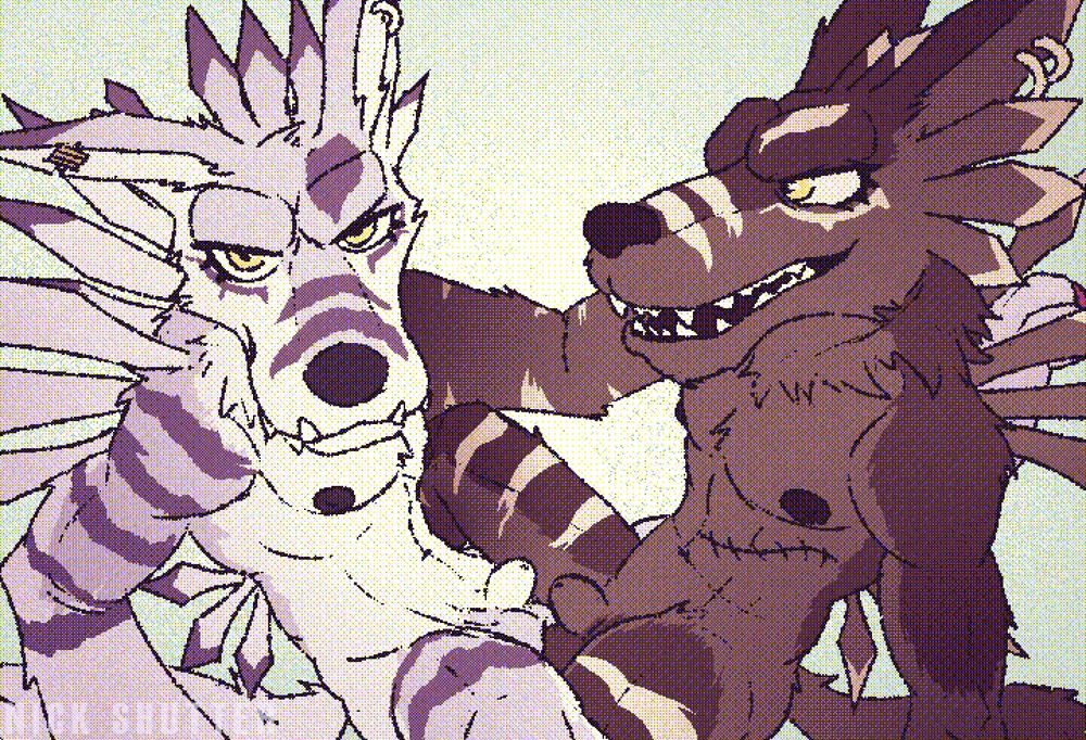 Illustration. WereGarurumon and ShadowWereGarurumon from Digimon. They sit nude, with crotches pressed up against each other. WereGarurumon looks at the viewer, seemingly annoyed. ShadowWereGarurumon looks at the other Digimon with amusement.
