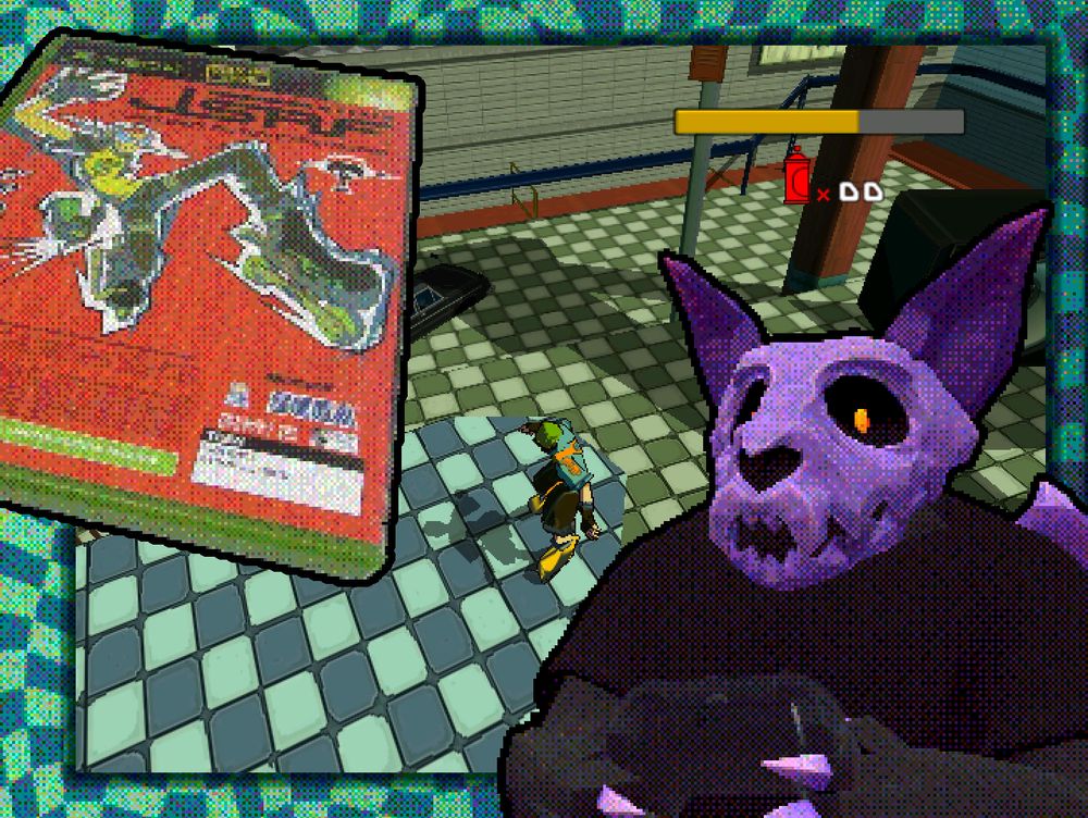 Preview of the vibes of the stream. Heavily dithered Jet Set Radio Future box. Similarly dithered fursona holding a controller. The fursona is a skull-headed bat monster.