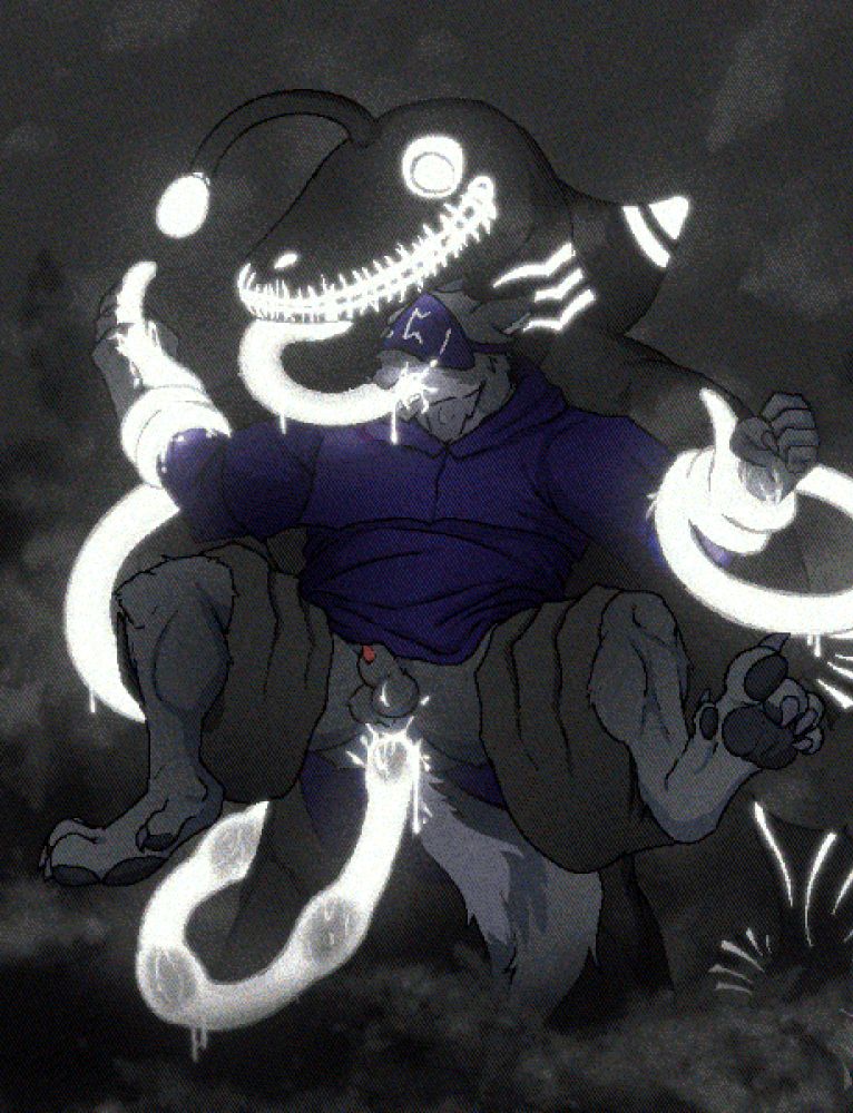 Aloys—an anthropomorphic wolf wearing monk's robes and a mask over his eyes—is held aloft by the thighs by Noch, a large being with anglerfish-like features. White, glowing tentacles reach out from behind Noch, two of them wrapped around Aloys's arms. One tentacle is plunging into Aloys's mouth, and there's another in his exposed ass, the latter of which is dumping large, dark eggs into him.