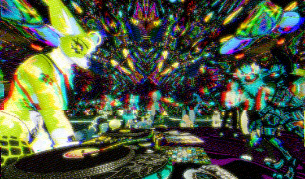 VRChat screenshot. Dua Yinepu performing at the booth for ravers.
