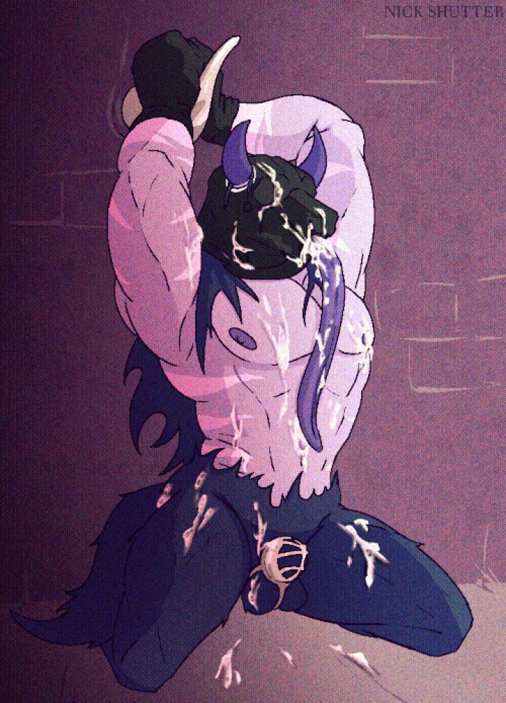 Sullivan, a purple humanoid monster, sits on his knees, nude, back against a wall. His arms are held up by a pair of connected leather gloves and a wall hook. His sheath is contained by a steel chastity cage. He is clad in a leather mask that covers his eyes and keeps his mouth open. Semen is splattered all over his body, and pools in his mouth.