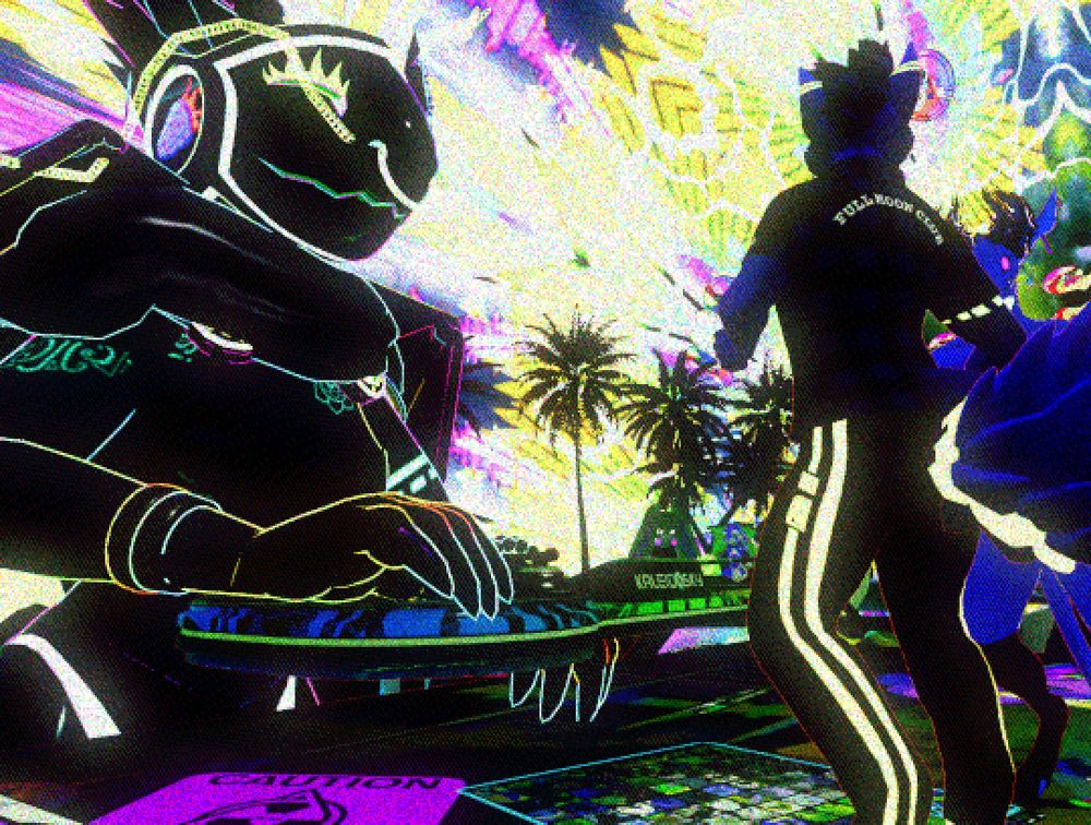 VR Chat screenshot. Strawberry Protato performs for shrunken-down ravers.