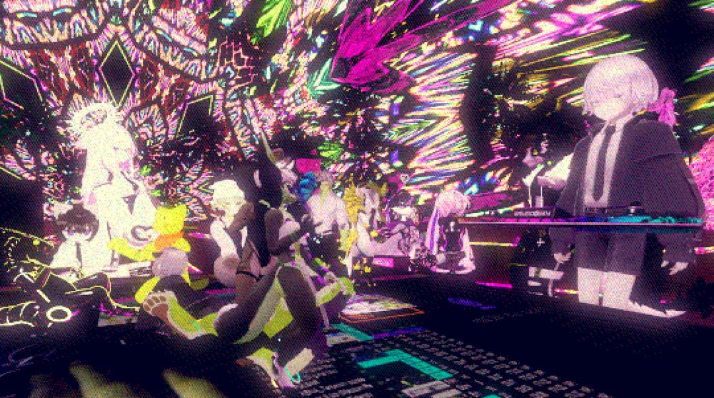 VRChat screenshot. XNFE performing for a crowd of shrunken down ravers.