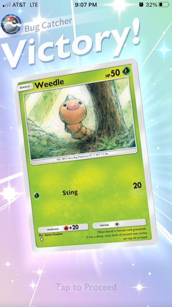Pokémon TCG Pocket screenshot of the victory screen, showing Weedle as the card of the game. The player's username is Bug Catcher.