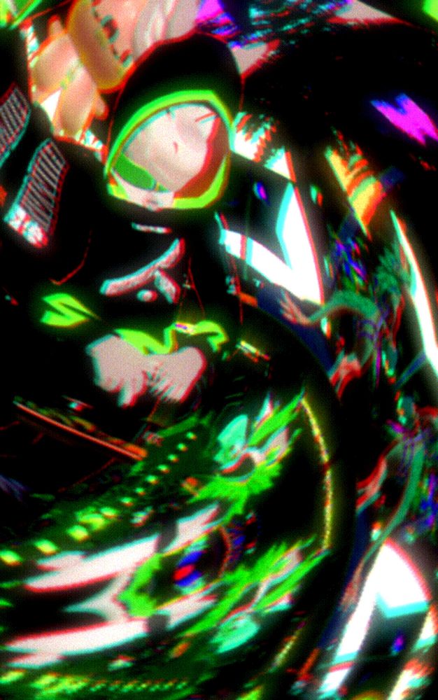 Warped VRChat screenshot. Senky at the booth performing for ravers.