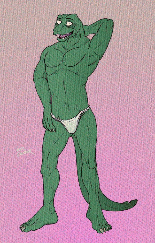 Fan art of Gosha from Beastars—an elderly anthropomorphic Komodo dragon. He stands wearing only a fundoshi, and he has a friendly expression.
