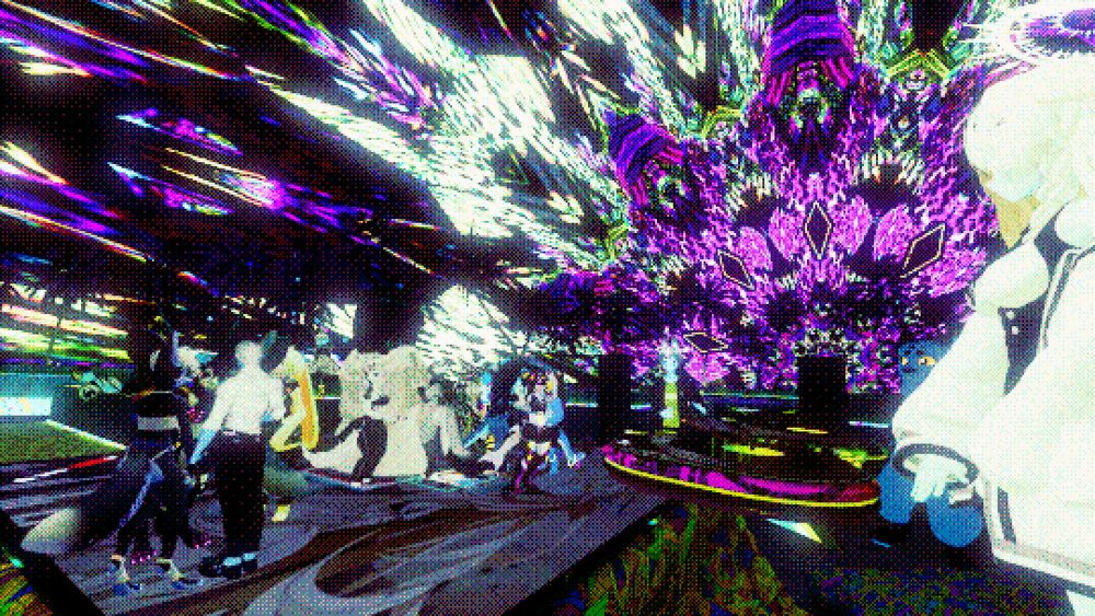 VRChat screenshot. CB Square performing at the booth for shrunken-down ravers.