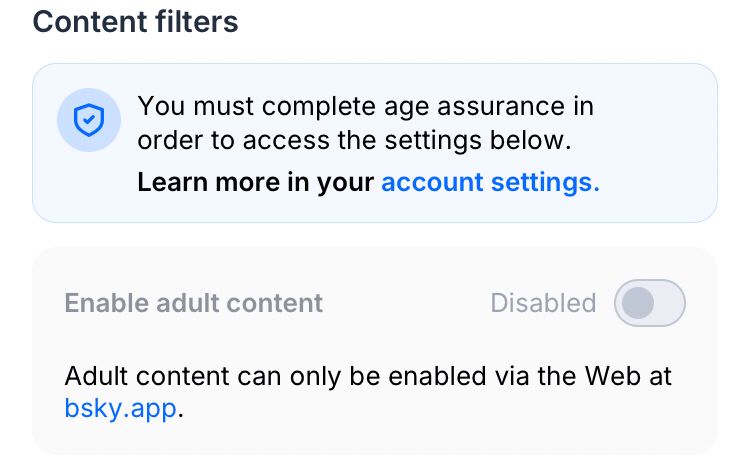 Bluesky screenshot, adult filter grayed out and locked on mobile￼