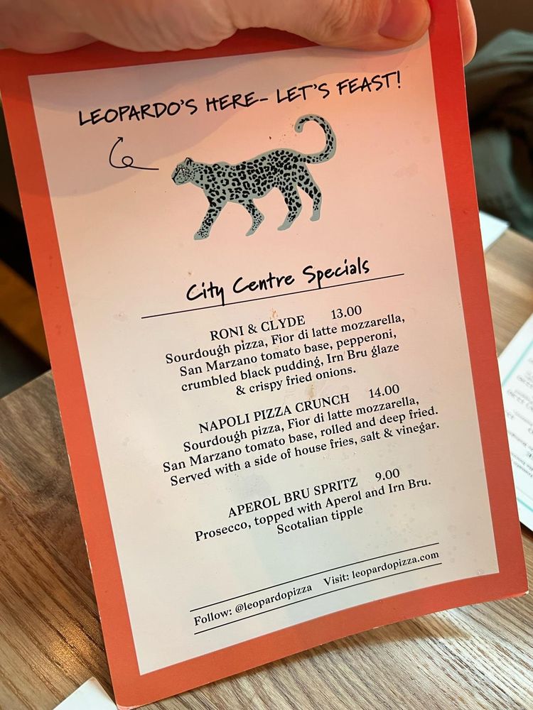 Food menu at Leopardo Glasgow.