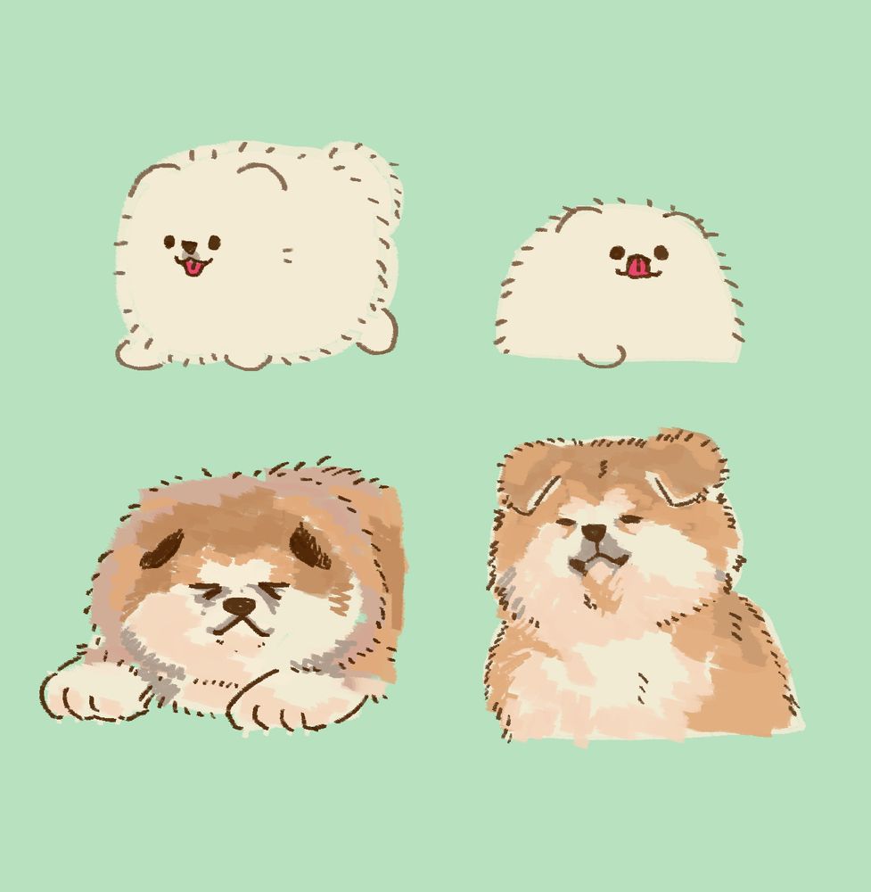 ポメラニアンの子犬と秋田犬の子犬のイラスト