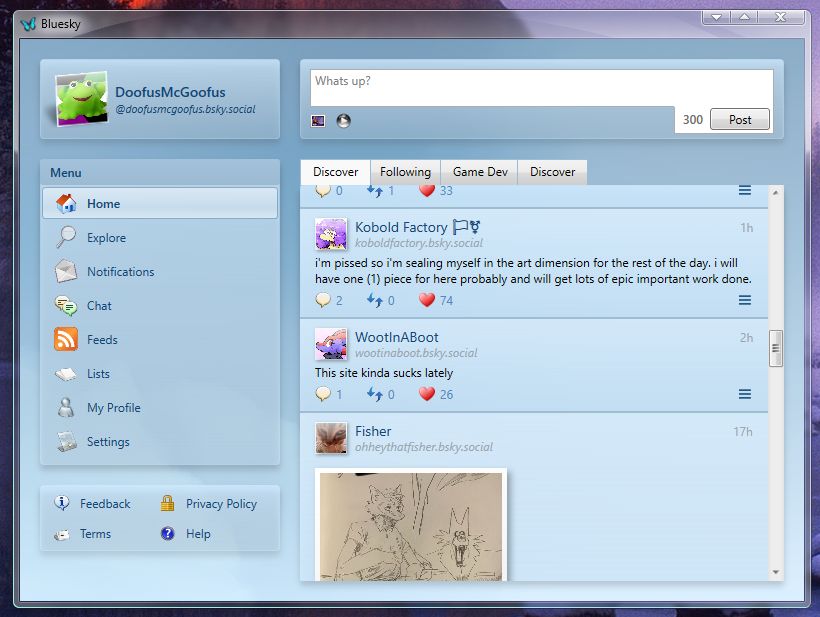 The home page of the client. There is a section with four tabs. The first tab, titled "Discover," is selected. Above it is a box for posting, with the default text "Whats Up?".