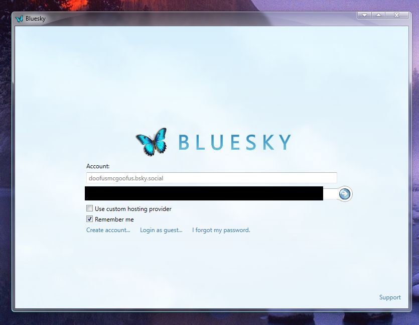 A Bluesky client with a skeuomorphic design reminiscent of Windows Longhorn. The login screen is being shown.