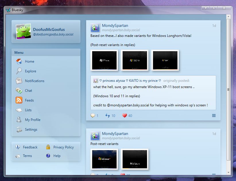 The same client, but now logged in. A post by MondySpartan is open saying "Based on these...I also made variants for Windows Longhorn/Vista!". Attached are boot-screen concepts for pre-reset Windows Longhorn.