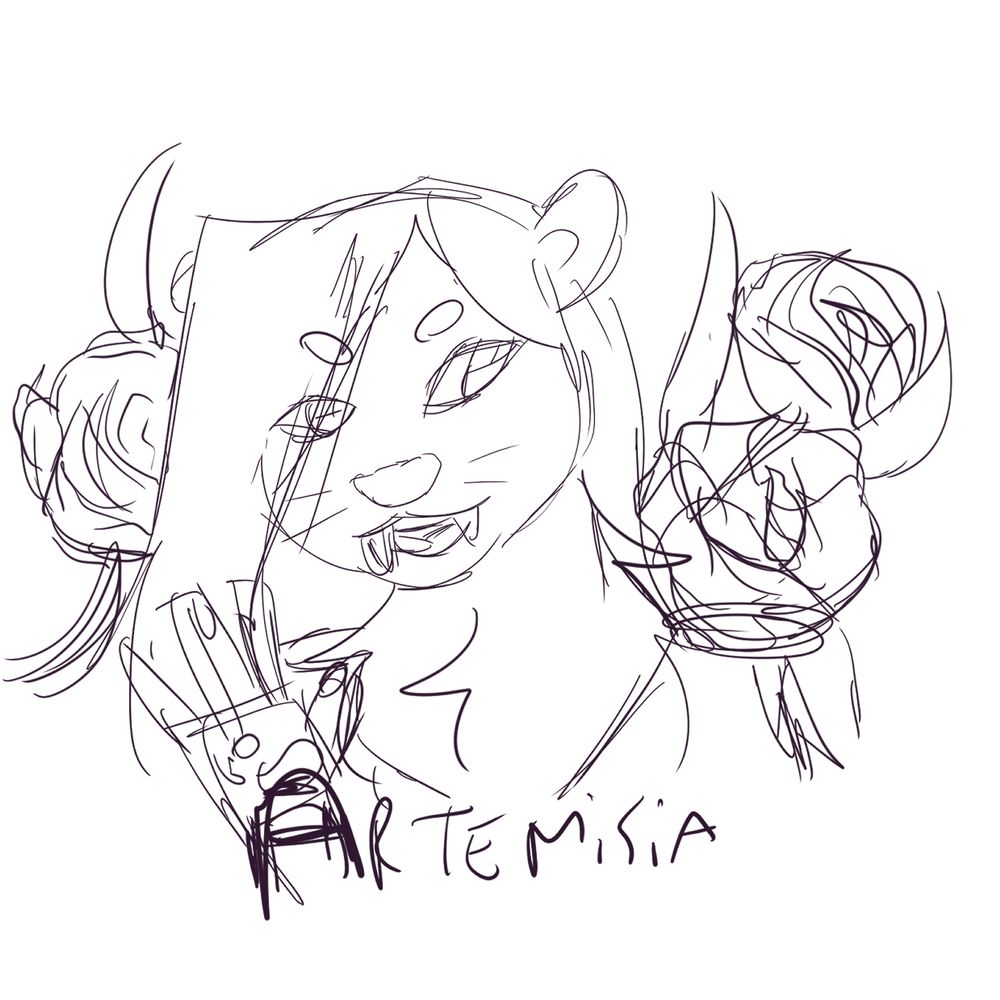 sketch of an anthropomorphic otter waving and smiling with long fanfs surrounded by flowers, beneath her it is written "artemisia"