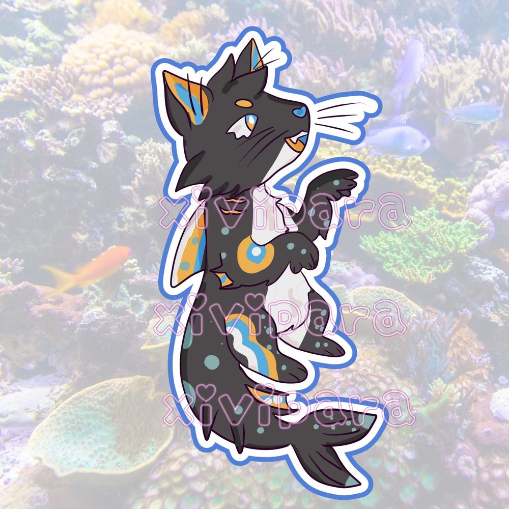 fish cat hybrid anthrophomorphic character extending one paw forward with fins and fish-like tail,he is smiling with mouth open, his colors are black, yellow   cyan and blue. the background is a low opacity coral reef
