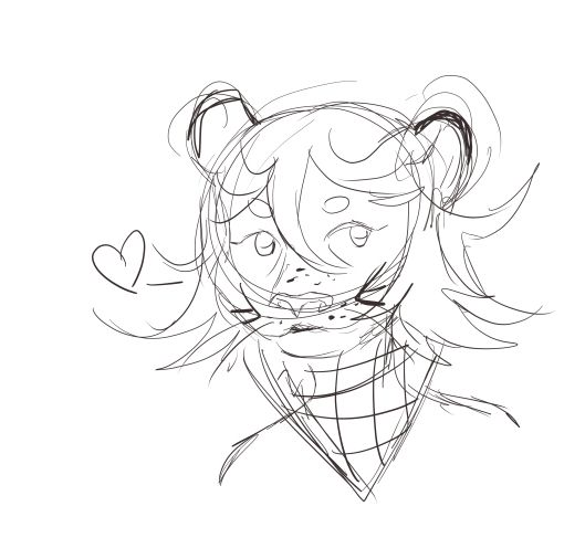 black sketch of an anthropomorphic  leopard with copped hair in the style of the character kokichi ouma from danganronpa wearing the characters checkered bandana. The character is looking to the right with face facing left. there is a heart drawn on the left side of the face
the leopard has indigenous motifs from the tribe guarani in their cheeks
