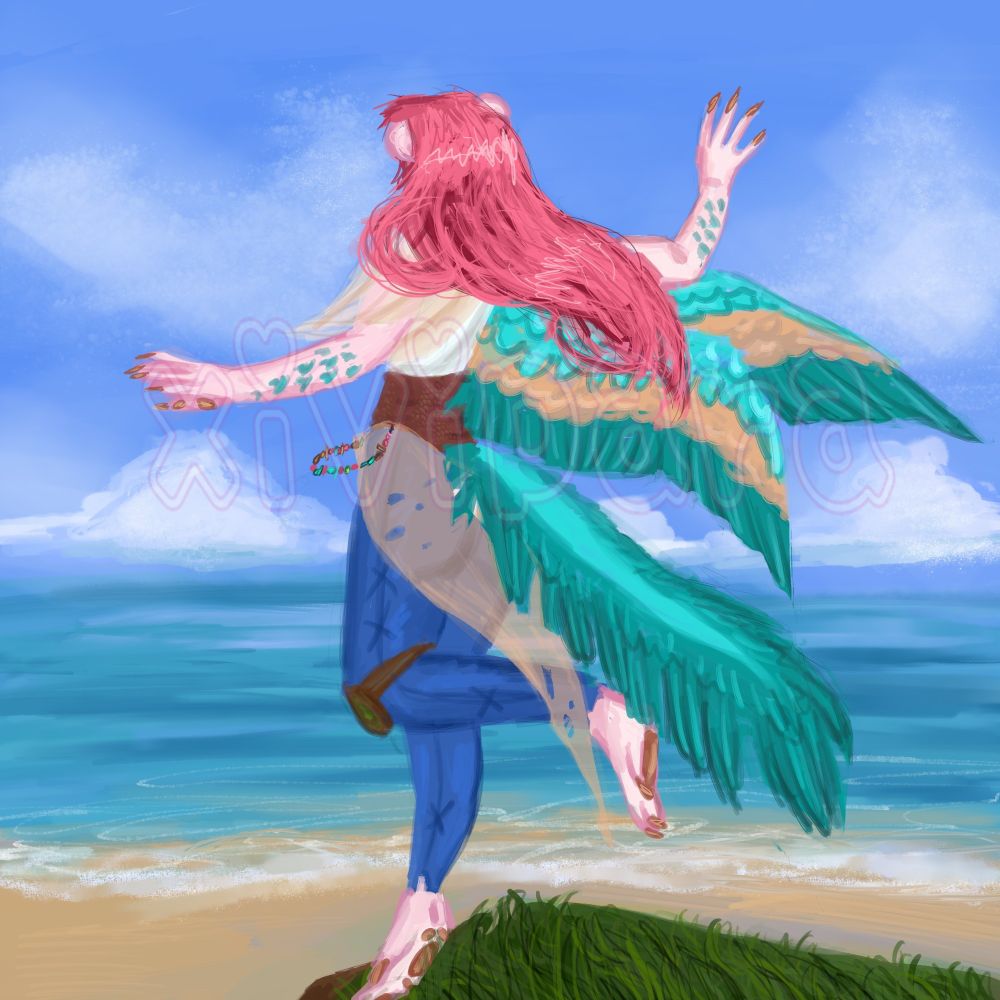 Pink otter with kingfisher wings that are aqua and golden.dinossair like aqua tail with  big feathers and golden pawpads. She has long hot pink hair flowing on the wind. Shes taking a leap on the peak of a hill to take flight with arms up on the air. The Far away there is a beach.