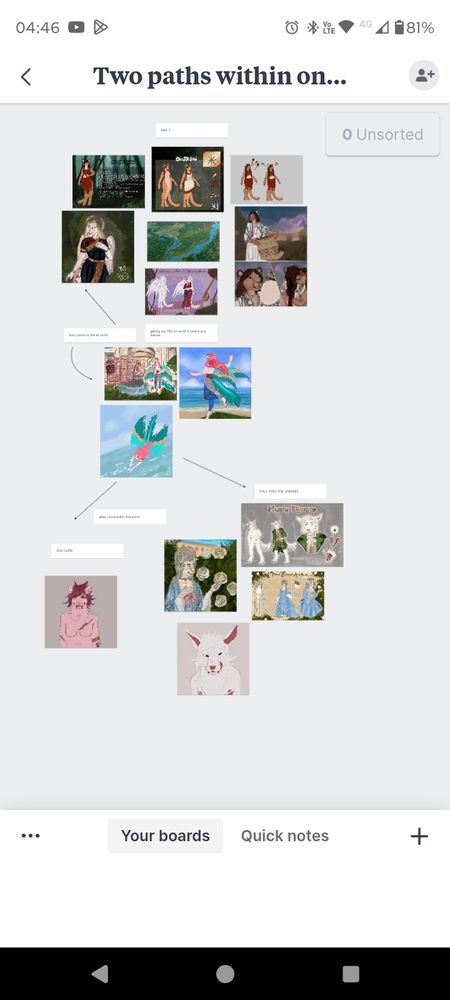 Milanote board with gray background and various arts that can be found in my account.
On the top the tab reads: two paths within one
On the bottom it reads: your boards and quick notes
