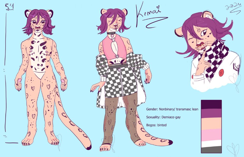 Furry anthropomorphic reference sheet art of a fursona. The background is light cyan. The character is a jaguar with purple short 
Hair in the style of kokichi ouma from danganronpa v3. He is a male standing front view naked ( not nsfw) with showing top surgery scars. His spots are heart shaped. There are also two mirroring solid hearts beside his belly button on the hips. He has lip labret and septum nose piercings. He is smiling with eyes open looking at the camera The second one is 1/3 view, he wears a black choker with pink ring. A pink top with two heart shaped metal rings on the top and bottom. A checker tight skirt, a checker coat hanging on the middle of his arms and fishnets. His expression is smiling with eyes closed. On the third picture theres a bust of him on kokichi ouma cosplay winking with left eye and index finger on his lips.
There is "kenai" written in cursive letters at the top. A collor pallete at tge bottom as well.
Text on the bottom reads:
Gender: nonbinary /transmasc lean
Sexuality: demiace gay
Bogos:binted