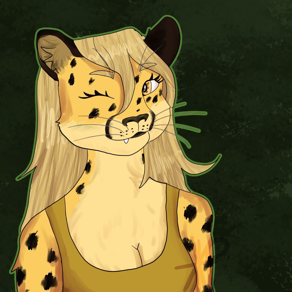 Bust art of an anthropomorphic cheetah with long blond heiar and wearing a mustard tank tok, she has her left fang showing in a smile, and is winking with her left eye, the background are green bushes.