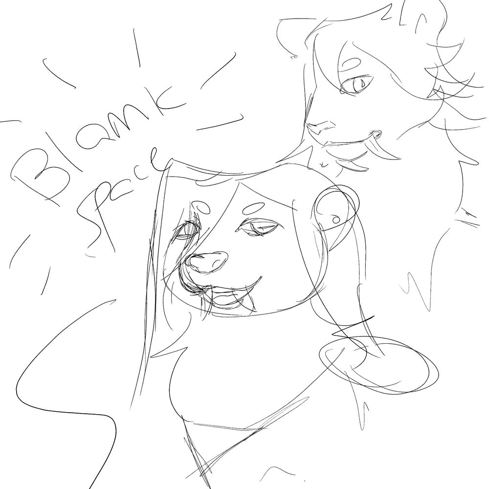 sketch in black lines of an anthropomorphic otther with long straight hair and long fangs smiling on the center and a saber tooth cat with a spiky haircut on the top right with a newutral expression,  the sketches are on a white canvas background. On the left it is written BLANK SPACE