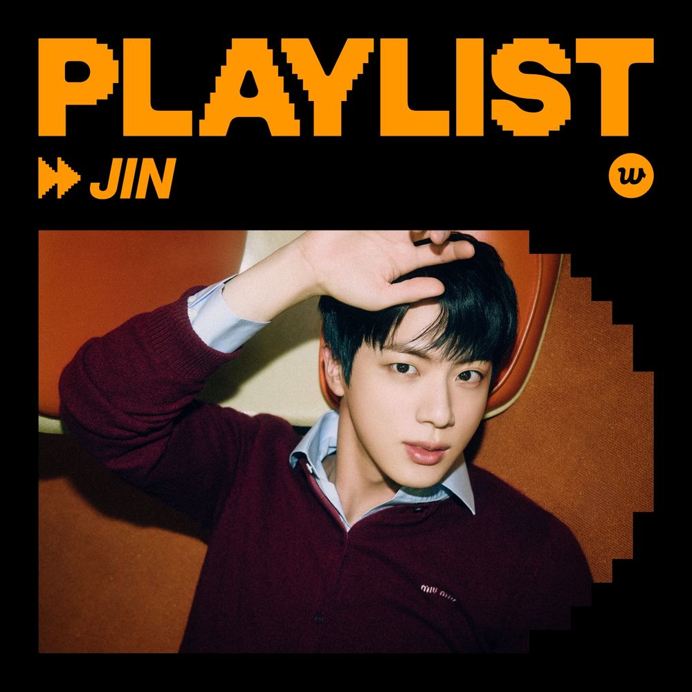 An image featuring Jin of BTS lying on an orange background. He has short black hair and is wearing a burgundy sweater over a light blue shirt. The word "PLAYLIST" is displayed in large, orange, pixelated letters at the top of the image, with the name "JIN" and an arrow symbol below it.

