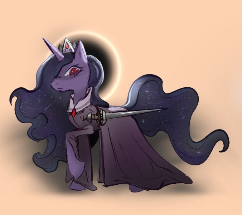 A pony (Alicorn) with dark purple skin skin, long draped-over clothing and night-sky hair. They have red eyes and  are wearing a silver crown. They are looking at the viewer with an angry look and have a sword around their waist.