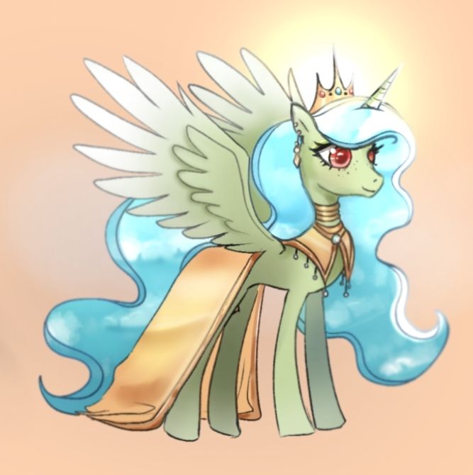 A pony (Alicorn) with light green skin, golden clothing and blue hair with clouds in it. They have red eyes and are wearing a golden crown.