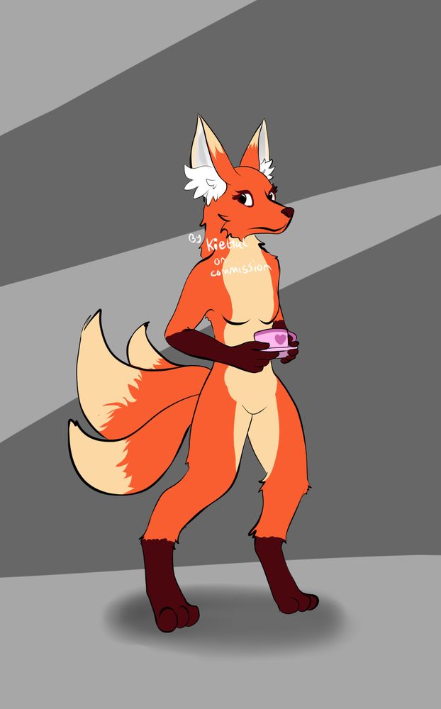 A fox holding a cup of tea.