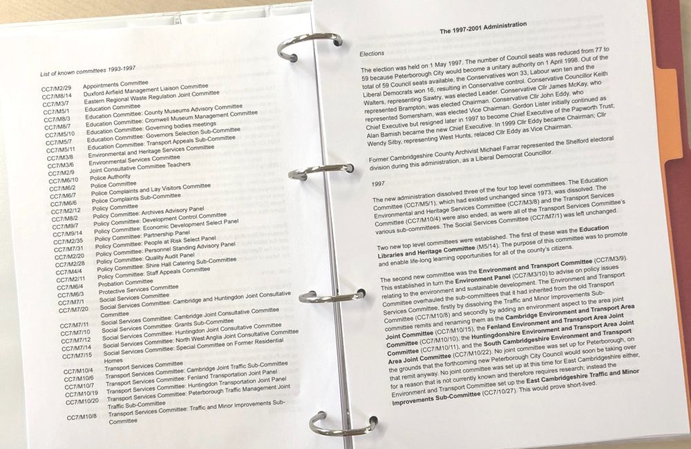 Pages from the guide to CCC's committee history, in a nice ring binder