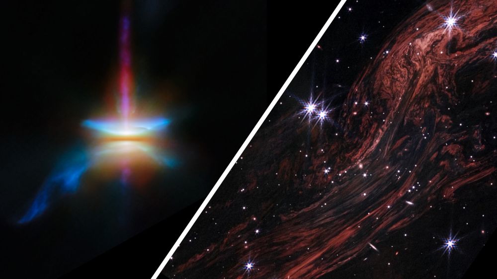 Left: Webb image of HH 30 and its surrounding protoplanetary disk. (Credit: ESA/Webb/NASA/CSA/Tazaki et al.)

Right: Webb image of the light echo moving through interstellar material. (Credit: NASA/ESA/CSA/STScI/J. Jencson (Caltech/IPAC))