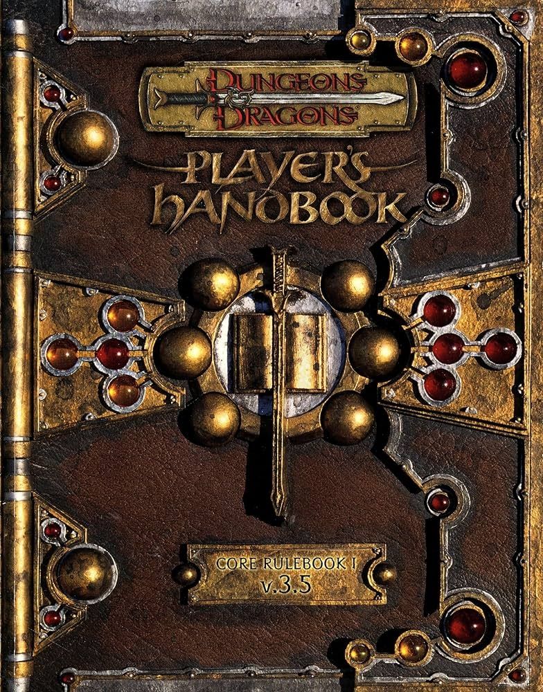 The image shows the cover of the Dungeons & Dragons Player's Handbook Core Rulebook I v.3.5. The cover features an ornate metallic design with brass-colored decorative elements, including spheres, pipes, and ruby-like red gems arranged like a locking tome. The title is displayed in gold lettering, with the iconic D&D ampersand logo featured prominently.